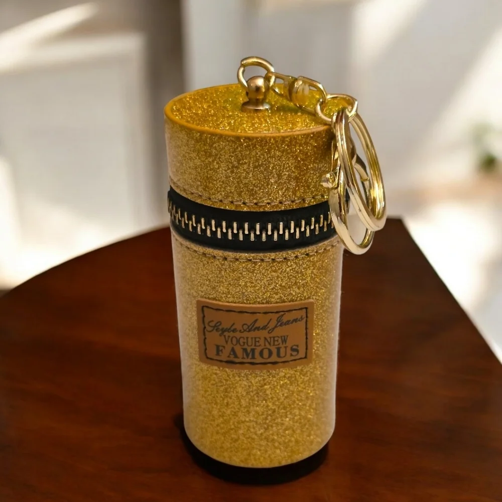 Gold Glitter Lipstick & Pill Holder Bag Charm | Functional Statement Purse Jewel